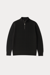 Cable Knit Wool Half Zip Sweater - Midnight Black